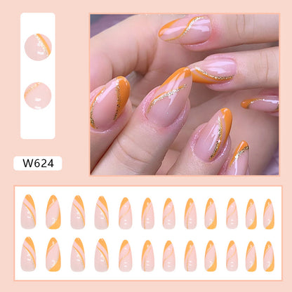 Almond Nails Super Glitter Lines Orange French Edge Fashionable Fake Nails Wholesale