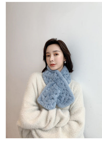 Real Rabbit Fur Scarf with Diamond Pattern - Winter Warmth