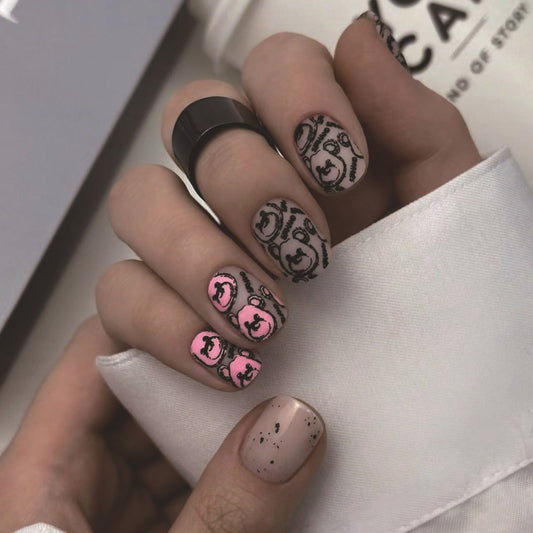 Purple Grey Matte Short Square Nails with Bear Designs