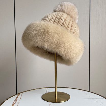 Luxury Mink Fur Hat with Big Fox Pom Pom