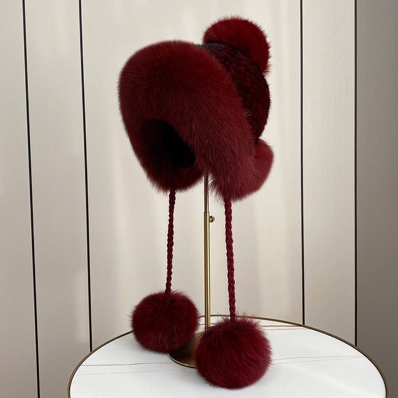 Winter Women's Mink Fur Hat with Fox Pom Pom - Stylish & Warm