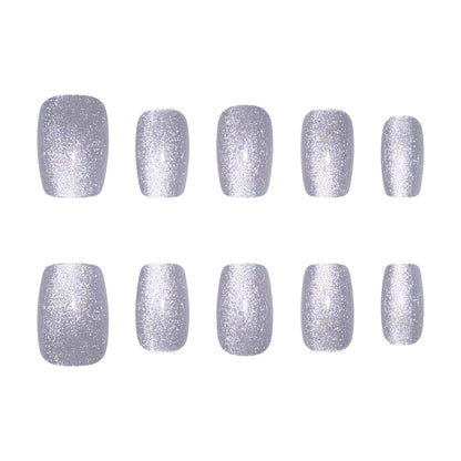 2024 New Korean Style Gray White Cat Eye Nails, 30pcs Cute Fake Nails