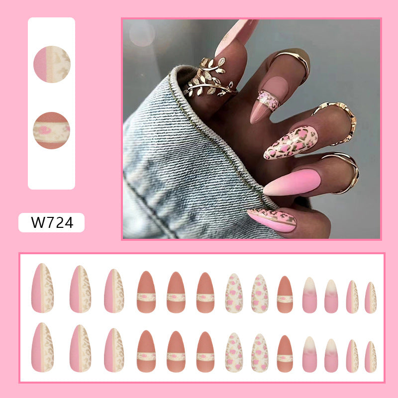 Pink Leopard Almond Nails Sweet Spicy Girl Euro Ins Style Wearable Fake Nails-homeunderwear