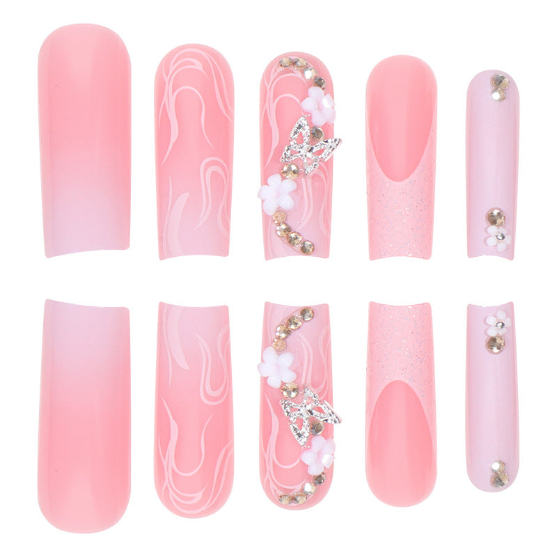 Long Gradient Nail Tips with Flowers, Rhinestones, Butterfly