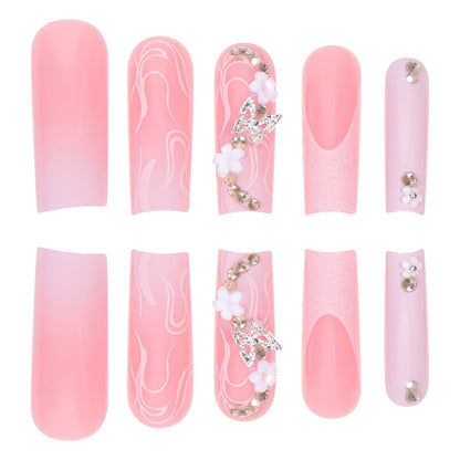 Long Gradient Nail Tips with Flowers, Rhinestones, Butterfly