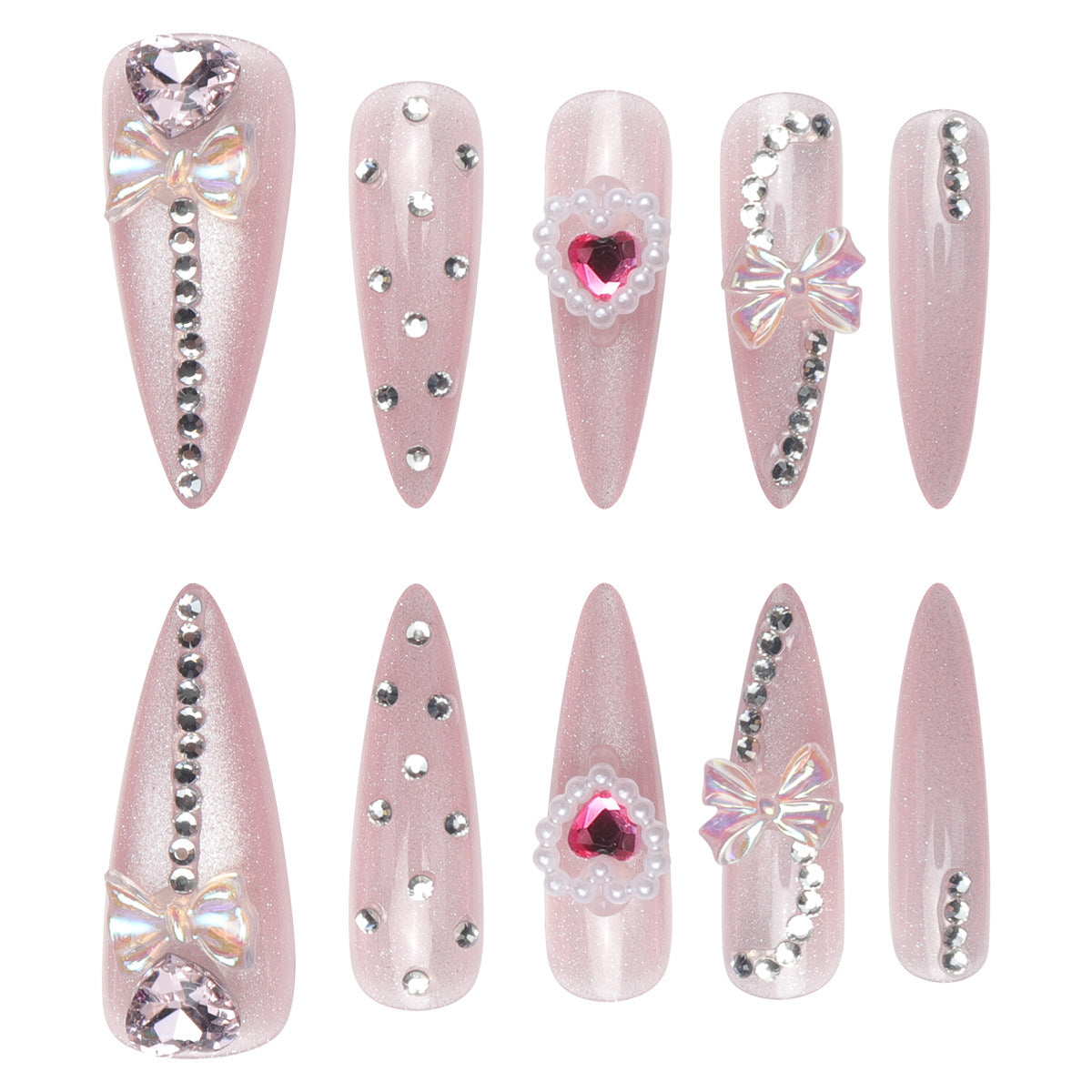 24 Cat Eye Nail Tips with Heavy Crystal Hearts