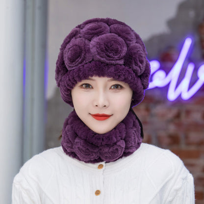 Warm Real Rabbit Fur Ear Flap Hat & Scarf Set