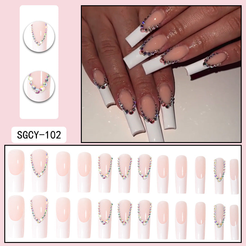 Long French Nail Extensions with Rhinestones for Brides