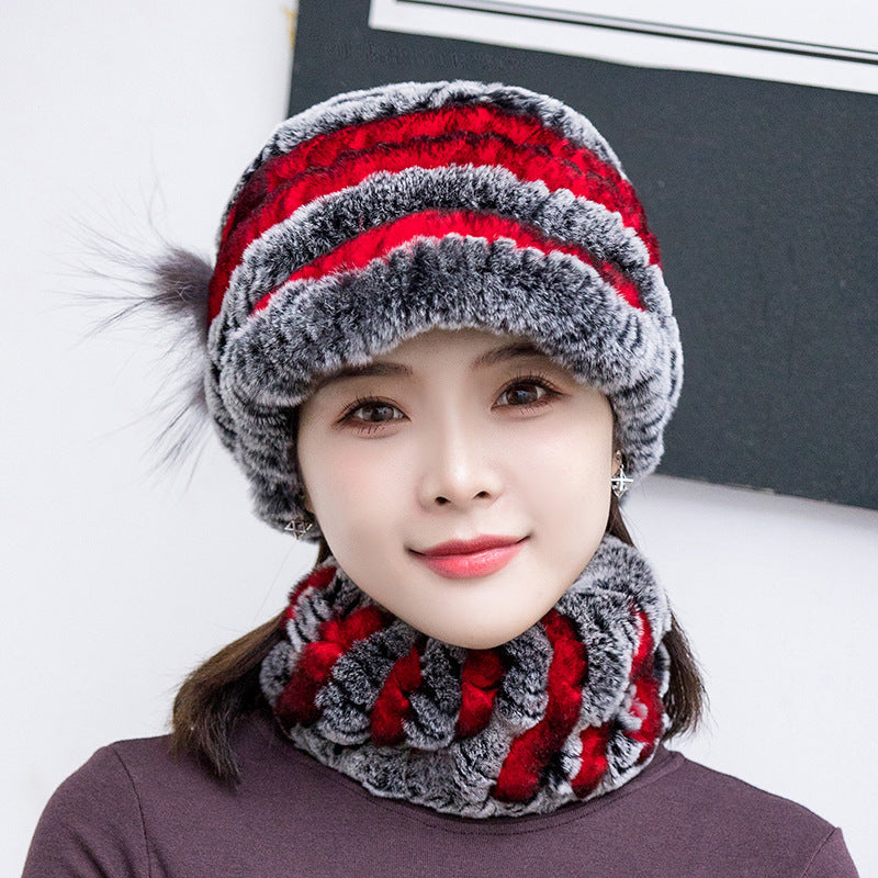 Winter Real Rabbit Fur Cap & Scarf Set - Mom Hat