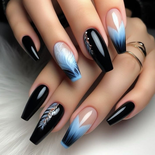 Ballet Black Blue Irregular Feather Painted Diamond Decorated Detachable Nail Patches