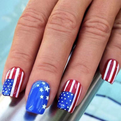 4th of July Red White Blue French Square Nails with Flag Design