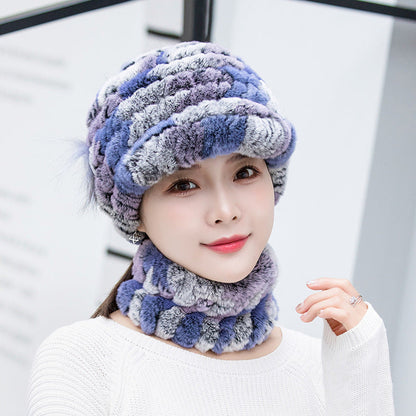 Winter Real Rabbit Fur Cap & Scarf Set - Mom Hat