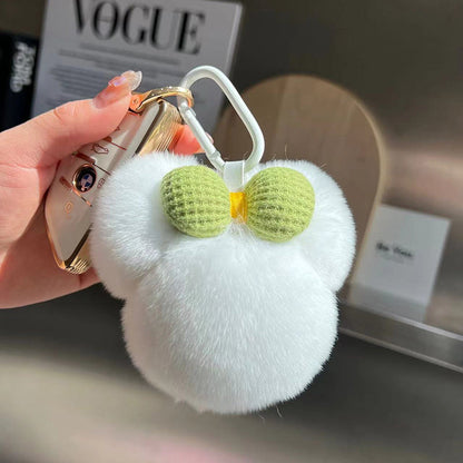 Cute Real Rabbit Fur Mickey Head Keychain with Bow