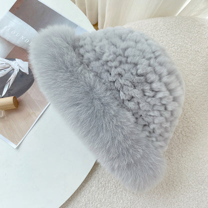 Cute Real Rabbit Fur Hat with Fox Trim - Winter Warmth