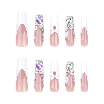 Wholesale Flashy Diamond French Nail Art Tips, White Bow and Flower Squares-Homeunderwear