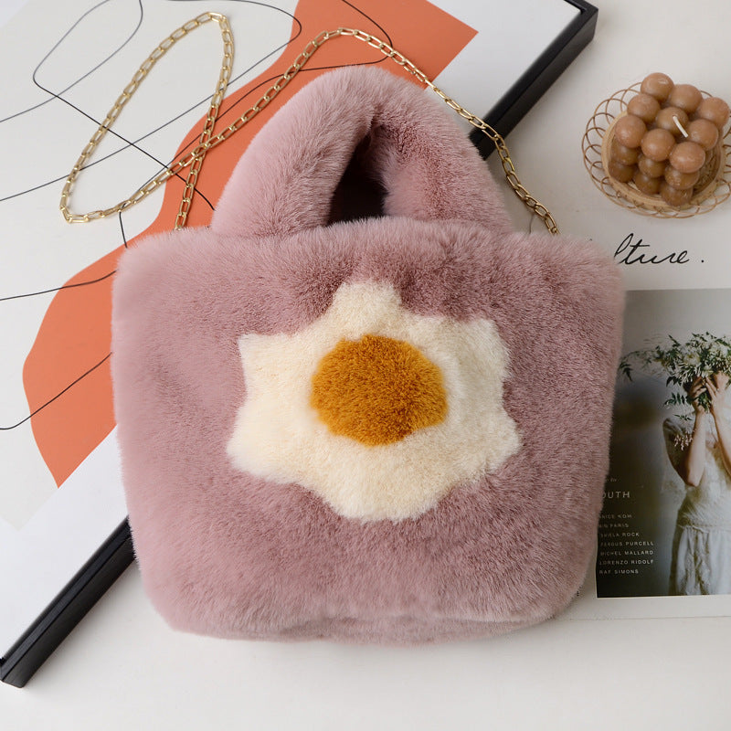 Fashionable Fried Egg Sunflower Plush Tote Bag