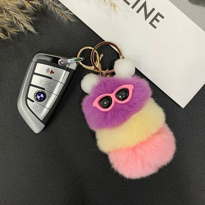 Cute Real Rabbit Fur Caterpillar Bag Charm - Keychain Accessory