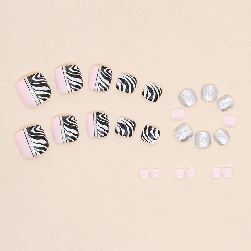 Shiny Zebra Print Bicolor Press-On Toe Nails - Black White