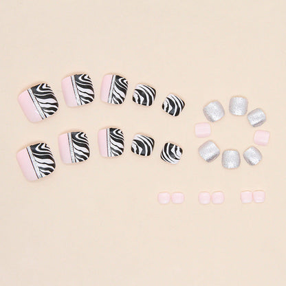 Shiny Zebra Print Bicolor Press-On Toe Nails - Black White