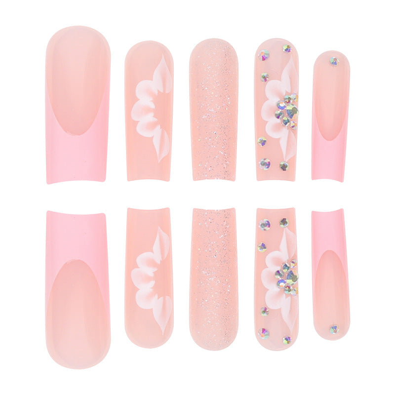 24-Piece Long Glam French Nail Extensions with Glitter and Flowers