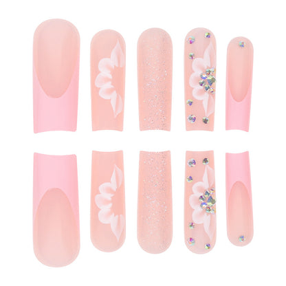 24-Piece Long Glam French Nail Extensions with Glitter and Flowers