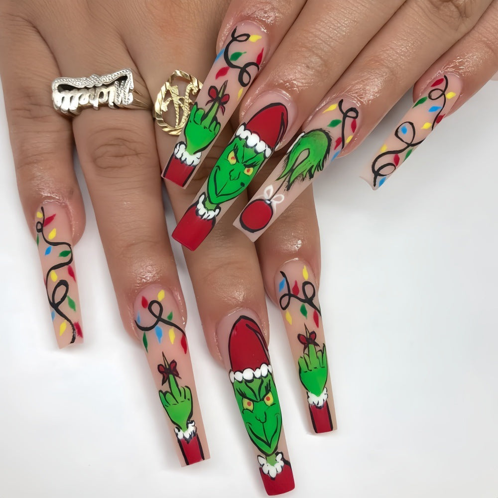 Christmas Grinch Green Vines Red Press-On Nails