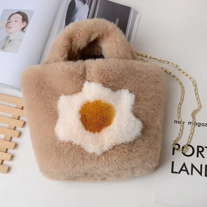 Korean Sunflower Faux Fur Tote - Chain Crossbody Bag