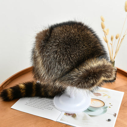 Warm Raccoon Fur Hat with Ear Flaps