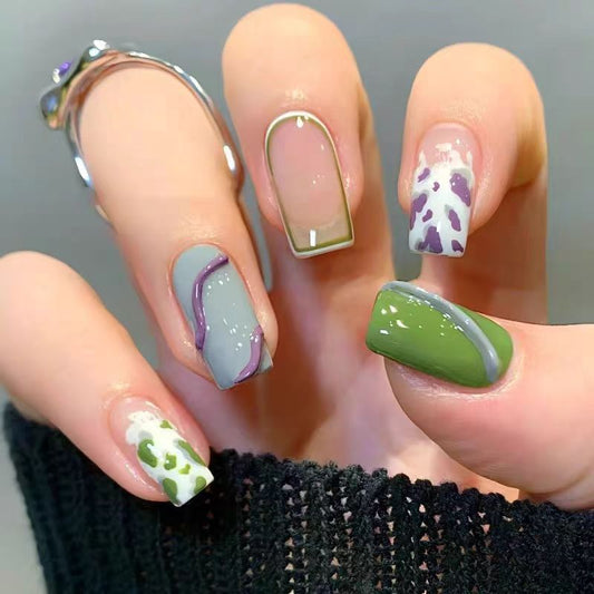 Trendy White, Green, and Gray Spot & Stripe Nail Wraps for Fall Nails