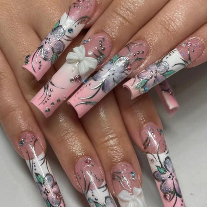 Pink Transparent Extra Long Nail Tips with Bow and Rhinestones