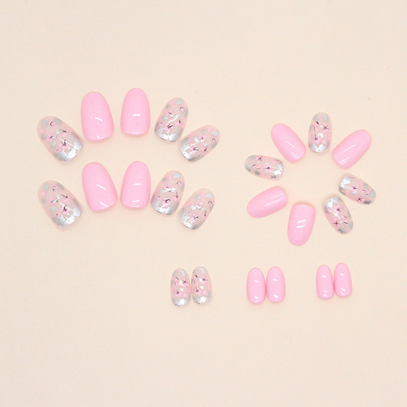 Cute Short Oval Floral Nails Pink Tender Fashion Sweet Girl Fake Nails-homeunderwear