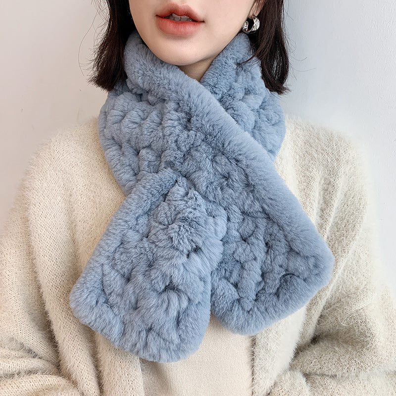 Real Rabbit Fur Scarf with Diamond Pattern - Winter Warmth