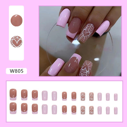 Mid-Length Euro Square Pink French Web Heart Nails Halloween Spicy Girl Fake Nails-homeunderwear