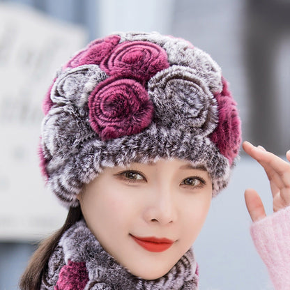 Winter Real Rabbit Fur Flower Ear Flap Hat