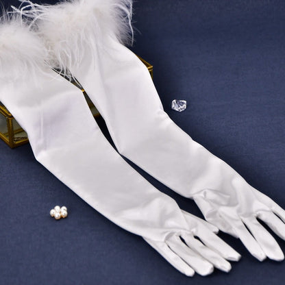 Party Feather Thickened Satin Gloves