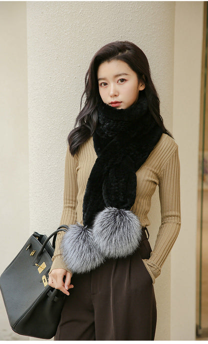 Long Hand-Knitted Real Rabbit Fur Winter Scarf