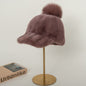 Warm Mink Fur Baseball Cap with Fox Pom Pom - Winter Fashion