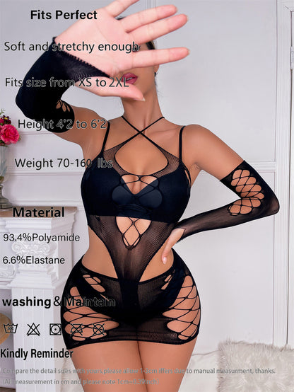 Sexy Hollow Transparent Three-piece Set Tight Fishing Net Gloves Jacquard Hip Skirt, Sleeve Set Underwear