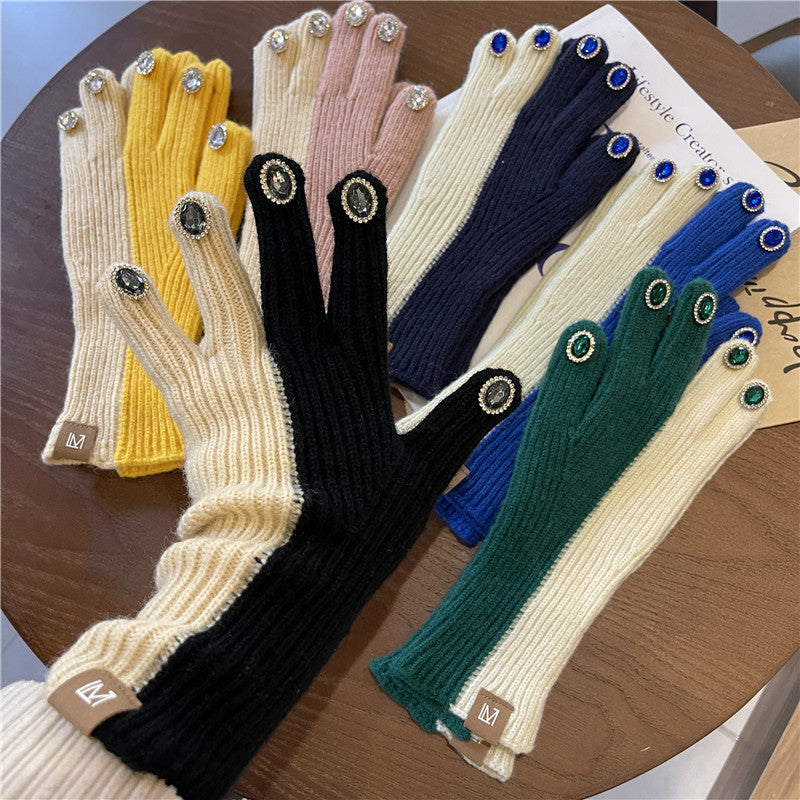 Rhinestone Finger Wool Gloves