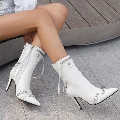 Chic Metallic Tassel Short Pointed High Heels Boots-Homeunderwear