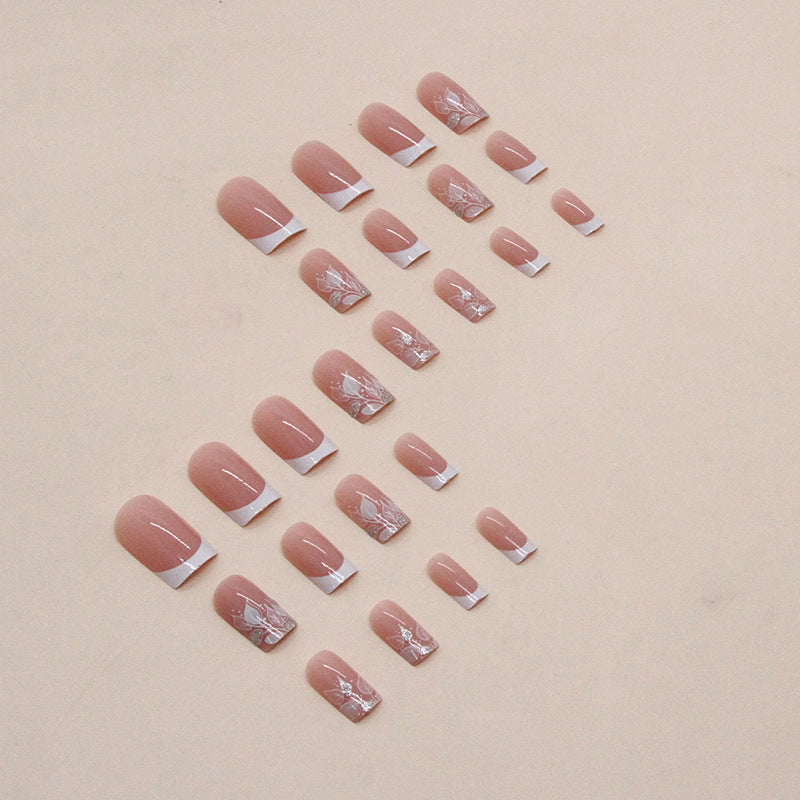 24-Piece White French Tree Silhouette Nails, Minimalist and Chic-Homeunderwear