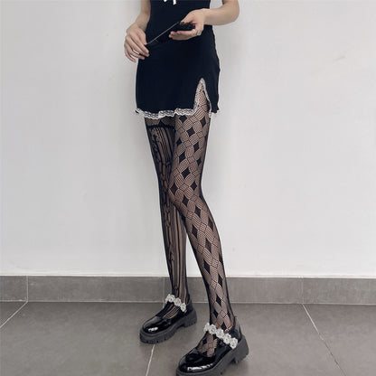 Ins Japanese AB Diamond Striped Love Jacquard Hollow Mesh Socks Pantyhose
