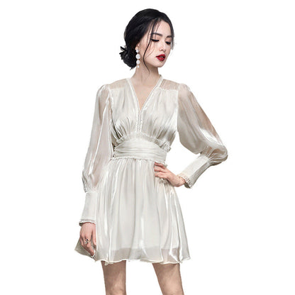 Elegant High-Waisted Long Sleeve A-line Dress