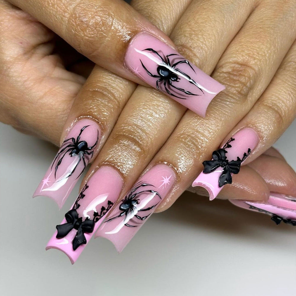 Pink Transparent Long Waterline Black Widow Spider French Nail Tips