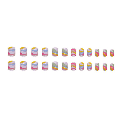 Short Square Nails, Multicolor Coating, Abstract Art INS Style