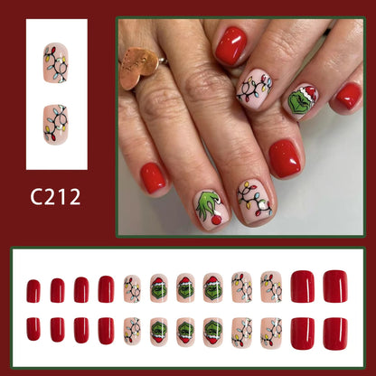 Short Glossy Christmas Grinch Red Hat Green Press-On Nails - 24 Pieces