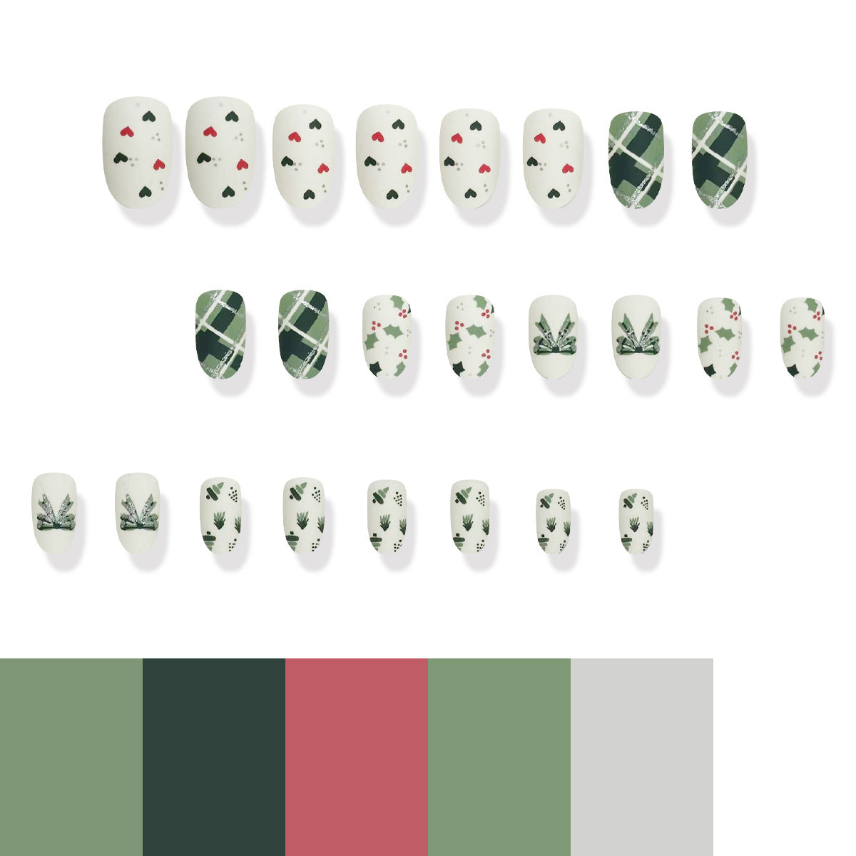 24-Piece Short Oval Christmas Green Plaid Bow Nails