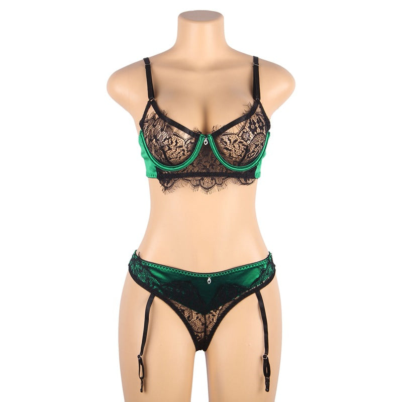 Plus Size Green Hollow Lace Bra Set