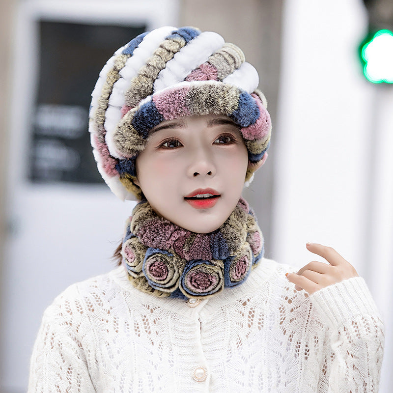 Warm Real Rabbit Fur Cap & Scarf Set - Stylish Winter Wear