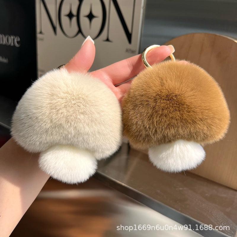 Cute Real Rabbit Fur Mushroom Keychain - Trendy Car Accessory